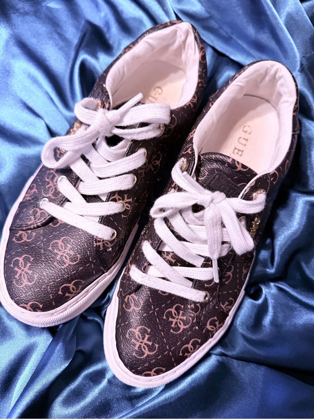 GUESS Brown Logo-Print Women's Lace-Up Sneakers with White Laces
